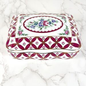 Vintage 2003 Limited Edition Porcelain Trinket Box Burgundy Lattice & Floral